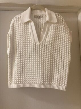 LOFT white Cable Knit V-Neck Collared Sleeveless Sweater